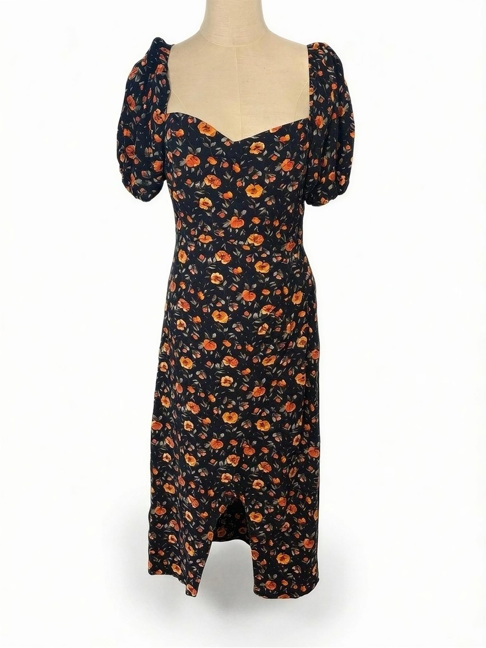 Francesca’s Mi Ami Black Orange Floral Puff Sleeve Midi Dress Medium NWT